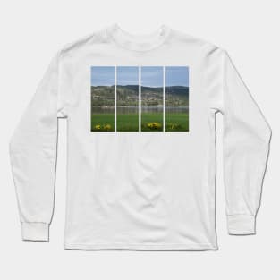Wonderful landscapes in Norway. Vestland. Beautiful scenery of wooden cabins with grass on the roof, reflecting in the lake in a sunny summer day. Yellow flowers in foreground Long Sleeve T-Shirt